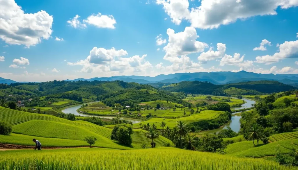 A scenic landscape of Chiang Rai, Thailand under a clear blue sky with fluffy white clouds. In the foreground, lush green rice paddies dotted with traditional Thai farmers tending to their crops. In the middle ground, rolling hills covered in vibrant foliage and a winding river glistening in the warm sunlight. In the distance, the iconic silhouette of Doi Tung mountain peaks, their slopes shrouded in mist. The overall atmosphere is one of tranquility and natural beauty, capturing the essence of Chiang Rai's ideal weather conditions.