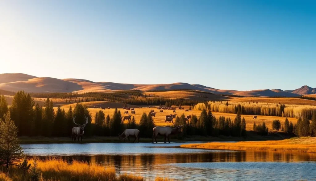 A scenic landscape of Elk Island National Park, Alberta, bathed in warm golden sunlight. In the foreground, a tranquil lake reflects the surrounding evergreen forests and rolling hills. In the middle ground, a herd of majestic elk graze peacefully, their antlers silhouetted against the clear blue sky. In the distance, the undulating terrain is dotted with aspen groves and punctuated by the occasional rocky outcrop. The scene conveys a sense of serene wilderness, inviting the viewer to explore the natural beauty of this Canadian park. Captured with a wide-angle lens to showcase the expansive vistas, the image evokes a peaceful, awe-inspiring atmosphere.