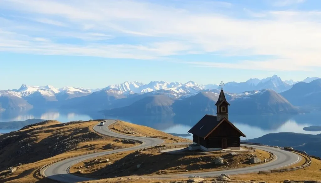 A scenic landscape of Hurrungane, Norway, captured on a sunny day. In the foreground, a winding mountain road winds through the rugged terrain, with a sturdy, traditional wooden stave church nestled along the route. In the middle ground, the majestic peaks of the Hurrungane range rise up, their snow-capped summits glowing in the golden sunlight. In the background, a serene lake reflects the surrounding mountains, creating a breathtaking mirror-like effect. The image conveys a sense of tranquility and the natural beauty of this remote Norwegian destination, perfect for illustrating a section on transportation to Hurrungane.