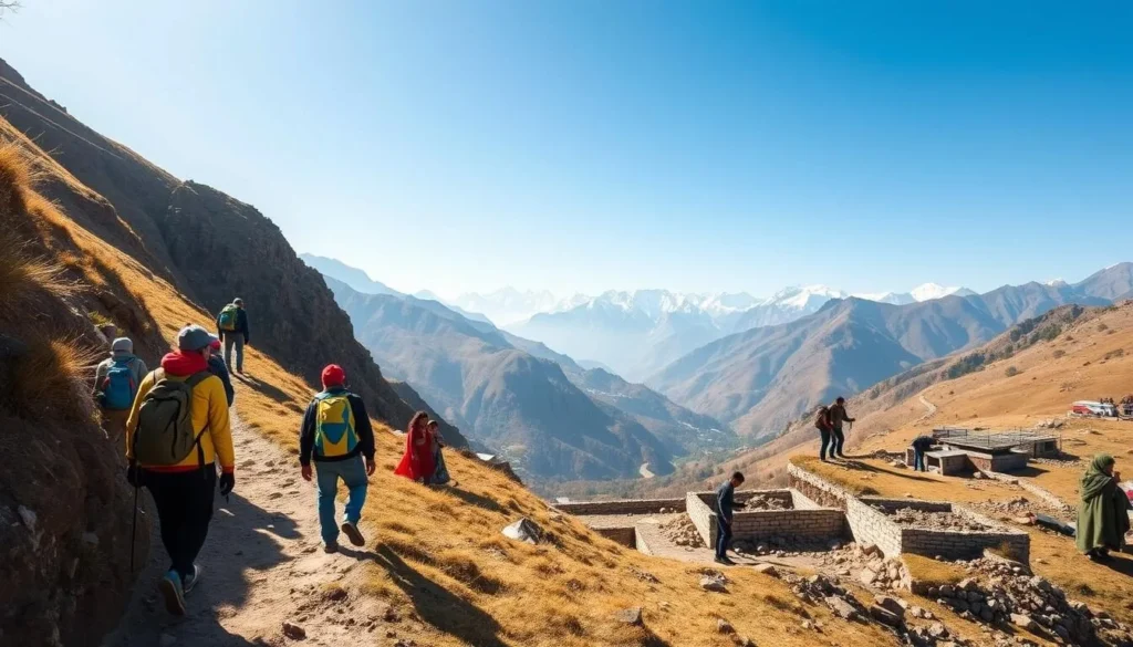 A scenic landscape of Jammu and Kashmir, India, on a sunny day. In the foreground, a group of hikers navigating a winding mountain trail, dressed in appropriate outdoor gear. In the middle ground, local residents going about their daily activities, showcasing the region's vibrant cultural atmosphere. In the background, majestic snow-capped peaks, lush valleys, and a clear blue sky. The lighting is natural and warm, creating a tranquil and inviting ambiance. The overall composition captures the essence of Jammu and Kashmir's natural beauty and cultural richness, providing a visually engaging representation of the safety tips and cultural etiquette that visitors should be aware of when exploring this captivating destination.