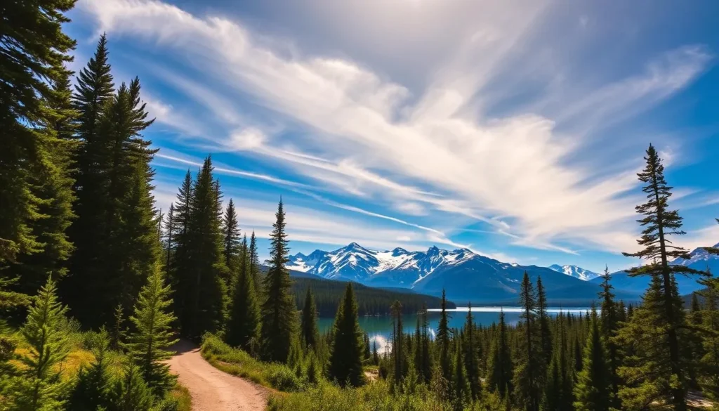 A scenic landscape of Jasper National Park during a sunny day. In the foreground, a winding path leads visitors through a lush forest filled with towering pine trees. In the middle ground, majestic snow-capped mountains rise in the distance, reflected in a calm, glassy lake. The sky is a vibrant blue, with wispy clouds drifting overhead. The lighting is natural and warm, creating a peaceful, serene atmosphere. Capture the grandeur and beauty of this iconic Canadian wilderness, inviting viewers to imagine planning their own visit to this stunning destination. A scenic landscape of Jasper National Park during a sunny day. In the foreground, a winding path leads visitors through a lush forest filled with towering pine trees. In the middle ground, majestic snow-capped mountains rise in the distance, reflected in a calm, glassy lake. The sky is a vibrant blue, with wispy clouds drifting overhead. The lighting is natural and warm, creating a peaceful, serene atmosphere. Capture the grandeur and beauty of this iconic Canadian wilderness, inviting viewers to imagine planning their own visit to this stunning destination.