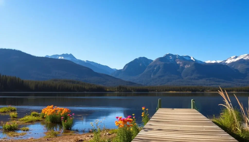 A scenic landscape of Lake Vaddoviken in Sweden, bathed in warm afternoon sunlight. A tranquil body of water reflecting the surrounding pine-covered hills and mountains. In the foreground, a wooden dock extends into the lake, inviting visitors to take in the serene atmosphere. Scattered around the shore, clusters of vibrant wildflowers sway gently in a light breeze. The background is dominated by towering peaks, their snow-capped summits glimmering under a clear blue sky. A sense of peaceful solitude and natural beauty pervades the scene, capturing the essence of this idyllic Swedish lakeside destination.
