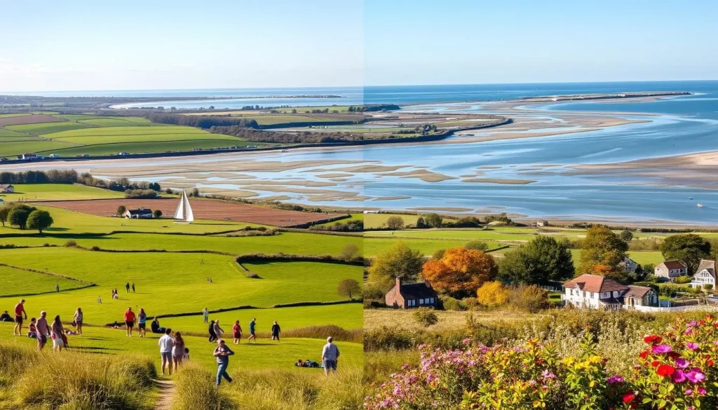 A scenic landscape of Mersea Island, England in different seasons. In the foreground, people are enjoying various outdoor activities - swimming, sailing, fishing, and beachcombing. The middle ground features lush meadows, rolling hills, and quaint seaside cottages. In the background, the vast estuary with its tidal marshes and the distant shoreline. The lighting is soft and natural, capturing the essence of each season - warm and sunny in summer, vibrant colors in autumn, crisp and frosty in winter, and blooming flora in spring. The composition is balanced, with a focus on showcasing the island's diverse offerings for visitors throughout the year.