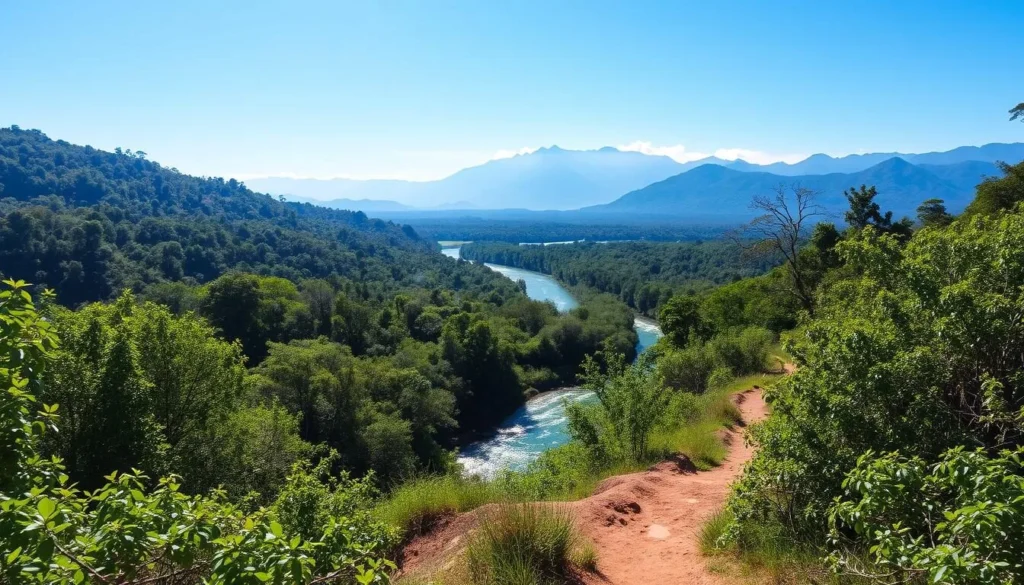 A scenic landscape of Montsinery Tonnegrande, French Guiana, captured on a bright, sun-dappled day. In the foreground, a well-marked hiking trail winds through lush, verdant foliage, inviting the viewer to explore. The middle ground features a sparkling river or stream, its clear waters reflecting the surrounding greenery and azure sky. In the distance, towering, mist-shrouded mountains rise majestically, creating a serene, awe-inspiring backdrop. The scene conveys a sense of tranquility and adventure, highlighting the natural beauty and outdoor activities that make Montsinery Tonnegrande a captivating destination.