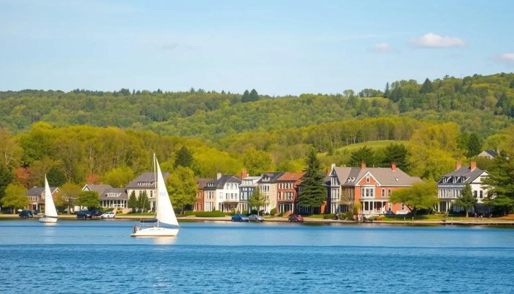 A scenic landscape of Skaneateles, New York, on a sunny spring day. In the foreground, a tranquil lake reflects the surrounding hills and trees. Sailboats glide across the calm waters, their white sails billowing in the gentle breeze. In the middle ground, charming historic buildings line the picturesque village streets, their quaint architecture and colorful facades evoking a sense of timeless elegance. The background features rolling hills and verdant forests, their lush greenery bathed in warm, golden light. The overall scene exudes a serene and inviting atmosphere, perfect for a relaxing Skaneateles getaway.