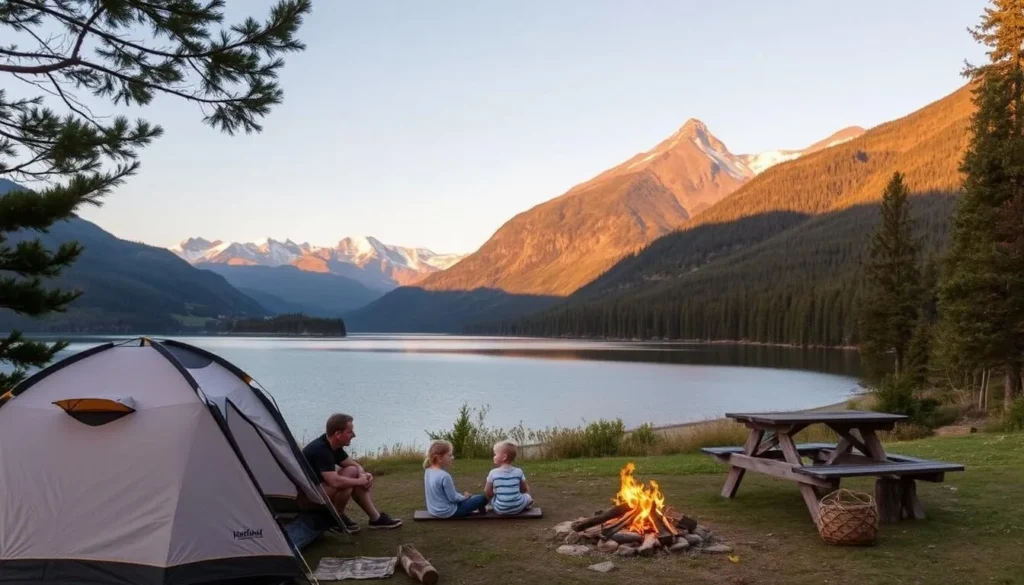 A scenic landscape of a lakeside campground in Norway's Seljordsvatnet region. In the foreground, a family of four - parents and two young children - relaxing by their well-equipped camping setup, including a spacious tent, a campfire, and a picnic table. The middle ground features a pristine lake, its calm waters reflecting the surrounding hills and forests. In the background, majestic mountains rise, their snow-capped peaks glistening under the warm, golden sunlight. The overall atmosphere is one of tranquility and outdoor adventure, inviting viewers to imagine themselves immersed in the natural beauty of this idyllic family camping destination.