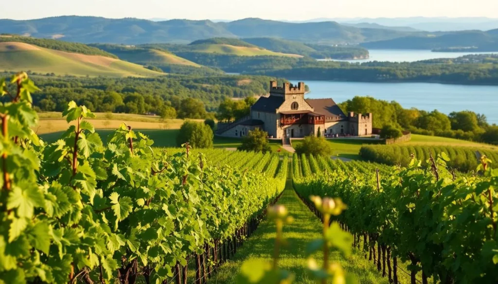 A scenic landscape of the Finger Lakes region, with rolling hills, lush vineyards, and a picturesque lake in the distance. The foreground features rows of grapevines, their leaves gently swaying in the warm breeze. The middle ground showcases a historic winery, its stone walls and wooden beams bathed in the soft, golden light of the afternoon sun. In the background, the tranquil waters of the lake reflect the surrounding hills, creating a serene and inviting atmosphere. The overall scene conveys the natural beauty and rich winemaking heritage of the Finger Lakes, inviting the viewer to explore and discover this enchanting region.