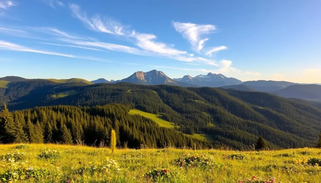 A scenic landscape of the Luzicke Mountains in Czechia, showcasing the region's picturesque beauty on a pleasant day. The foreground features a lush, verdant meadow dotted with colorful wildflowers, inviting hikers to explore. In the middle ground, rolling hills covered in dense, verdant forests rise up, their peaks bathed in warm, golden sunlight. In the distance, the majestic Luzicke Mountains stand tall, their rugged, snow-capped peaks piercing the clear, azure sky. Wispy, cloud-like formations drift lazily overhead, casting gentle shadows across the landscape. The overall scene exudes a sense of tranquility and natural harmony, perfectly capturing the essence of the Luzicke Mountains during the best time to visit.