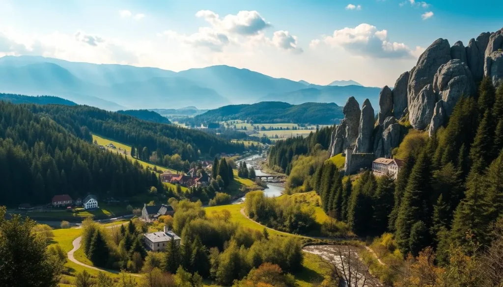 A scenic landscape of the South Bohemia region in Czechia, showcasing its quintessential fairytale charm. In the foreground, a winding river meanders through lush, rolling hills dotted with quaint villages and medieval castles. The middle ground features dense, verdant forests punctuated by towering, moss-covered rock formations. In the distance, a hazy blue mountain range rises against a serene, cloud-speckled sky, illuminated by warm, golden sunlight filtering through the atmosphere. The overall scene exudes a sense of tranquility, timelessness, and enchantment, capturing the essence of this picturesque, storybook-like landscape.