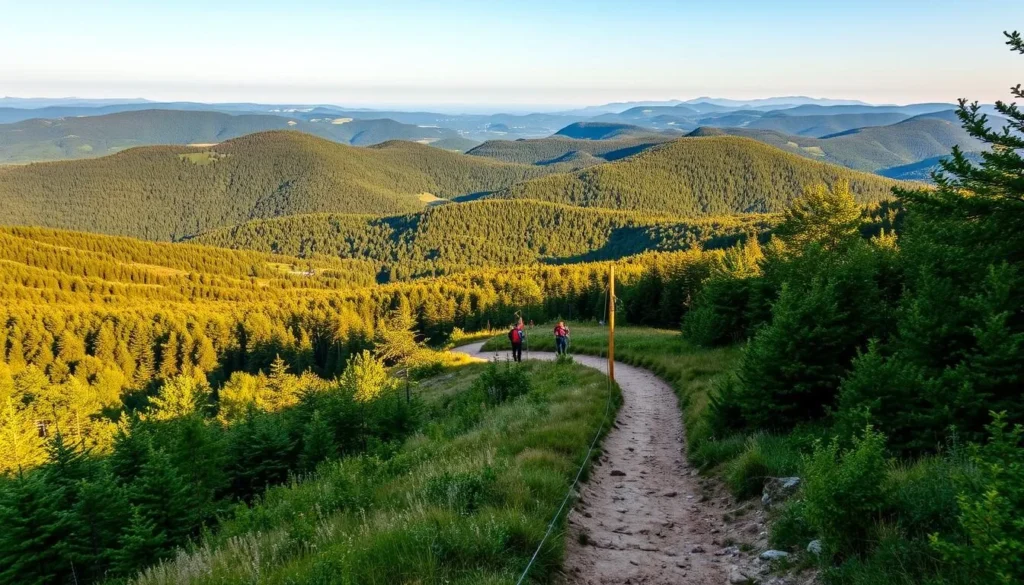 A scenic landscape of the Žďárské vrchy (Zďar Hills) in Czechia, with lush green forests and rolling hills in the distance. A well-marked hiking trail winds through the foreground, inviting the viewer to embark on an outdoor adventure. The warm, golden light of a summer afternoon bathes the scene, creating a serene and inviting atmosphere. In the middle ground, a group of hikers can be seen exploring the trail, capturing the essence of the best time to visit this picturesque region.