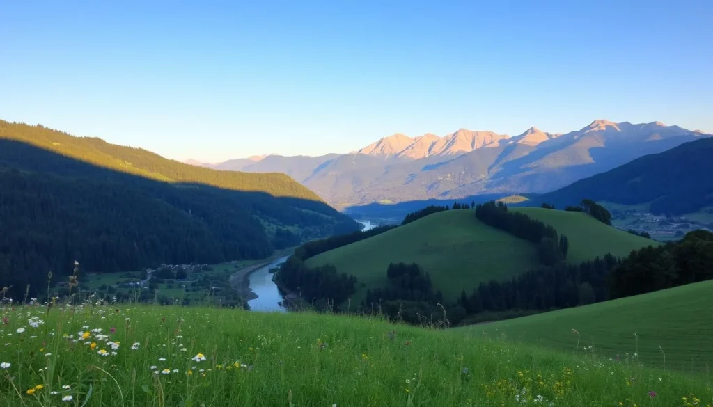 A scenic landscape of the Žďárské vrchy hills, Czechia, on a bright, sunny day. The foreground features a lush, verdant meadow dotted with wildflowers, leading the eye towards a rolling, forested hillside in the middle ground. In the background, majestic mountains rise, their peaks bathed in soft, golden light. A winding stream or river cuts through the landscape, reflecting the clear blue sky above. The composition captures the natural beauty and tranquility of this picturesque region, inviting the viewer to explore its serene, untouched wilderness.