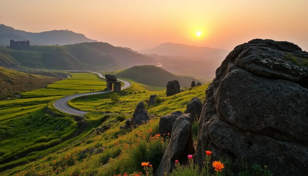 A scenic landscape of the historic city of Kurnool, Andhra Pradesh. A golden sunrise casts a warm glow over the rugged, undulating hills in the distance. In the foreground, a winding road leads through lush, verdant fields dotted with vibrant wildflowers. Ancient, weathered rock formations jut out from the earth, their textures captured in crisp detail by a wide-angle lens. The tranquil atmosphere is punctuated by the silhouettes of local villagers going about their daily tasks. The overall mood is one of serene adventure, inviting the viewer to explore the natural beauty and rich cultural heritage of this captivating region.