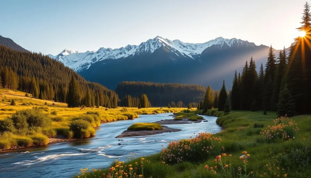 A scenic landscape of the lush Bella Coola Valley, showcasing its diverse seasonal experiences. In the foreground, a tranquil river winds through the verdant terrain, with vibrant wildflowers dotting the banks. In the middle ground, towering snow-capped mountains rise majestically, their peaks bathed in warm, golden sunlight. The background features a dense, evergreen forest, its canopy dappled with shimmering sunbeams. The overall atmosphere is one of serene beauty and natural harmony, capturing the essence of the region's ever-changing seasonal charm. Photographed with a wide-angle lens to convey the grandeur of the landscape.