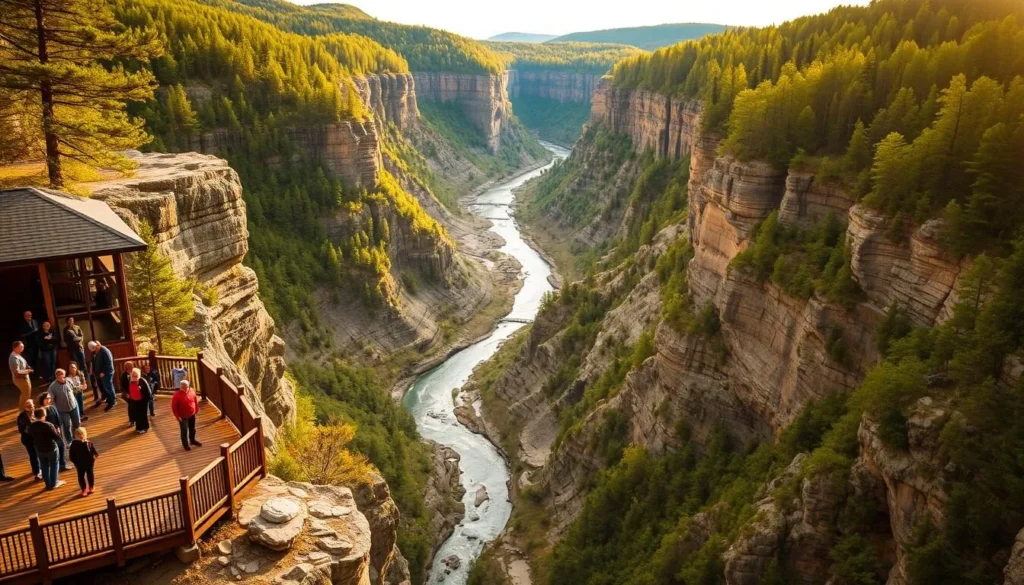 A scenic landscape showcasing the captivating Ausable Chasm in upstate New York. In the foreground, a wooden observation deck with visitors admiring the breathtaking gorge below. The middle ground features the winding Ausable River cutting through the striking, layered rock formations. In the background, lush, verdant forests and cliffs rise up, creating a sense of depth and grandeur. Warm, natural lighting filters through the scene, casting a soft, inviting glow. The overall atmosphere conveys the natural wonder and tranquility of this renowned natural attraction, enticing viewers to plan their visit.