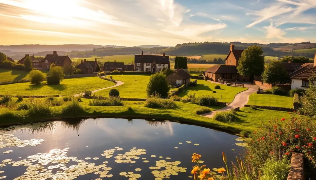 A scenic landscape showcasing the serene beauty of Hillingdon, England. In the foreground, a tranquil pond reflects the surrounding lush greenery and vibrant flowers. In the middle ground, a winding path leads through a charming village, with quaint cottages and historic architecture. The background features rolling hills and a clear, azure sky, illuminated by warm, golden sunlight filtering through wispy clouds. The overall atmosphere evokes a sense of peace, charm, and the timeless allure of the English countryside.