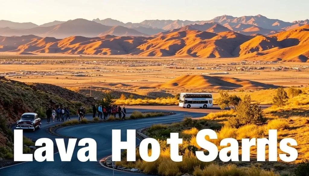 A scenic landscape showcasing the transportation options for reaching Lava Hot Springs, Idaho. In the foreground, a winding road leads up to the town, with a vintage car and a group of hikers making their way along the path. In the middle ground, a scenic overlook offers a panoramic view of the surrounding hills and the hot springs themselves, with a shuttle bus transporting visitors. In the background, majestic mountains rise up, creating a picturesque backdrop. The scene is bathed in warm, golden sunlight, conveying a sense of tranquility and adventure. The overall mood is one of exploration and discovery, inviting the viewer to plan their own journey to this natural wonder.