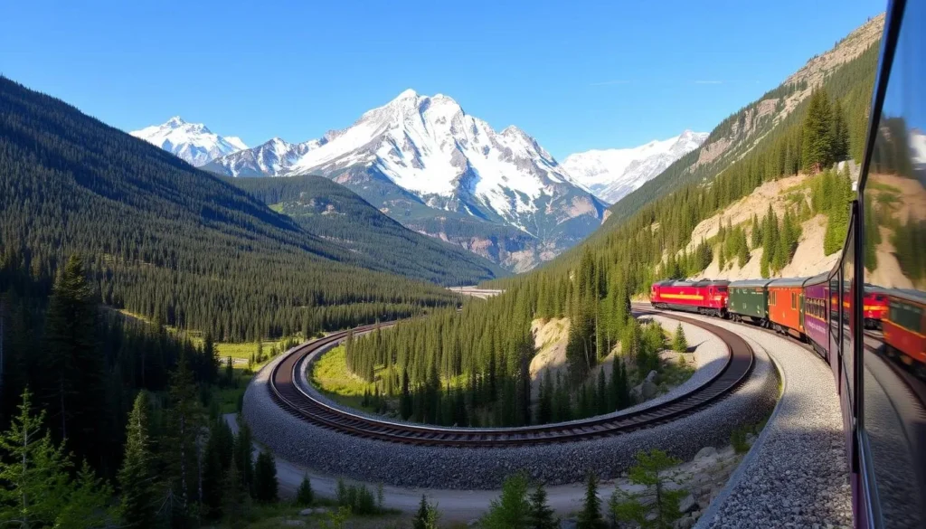 A scenic landscape with Morant's Curve, a famous railroad curve along the Canadian Pacific Railway in the Canadian Rockies. Capture a picturesque vista of the dramatic curved train tracks winding through the lush, forested valley, with the majestic snow-capped mountains towering in the background. Employ a realistic, photographic style with natural lighting, emphasizing the contrast between the rugged terrain and the graceful curve of the tracks. Convey a sense of tranquility and wonder, inviting the viewer to imagine the peaceful experience of traversing this iconic landscape.