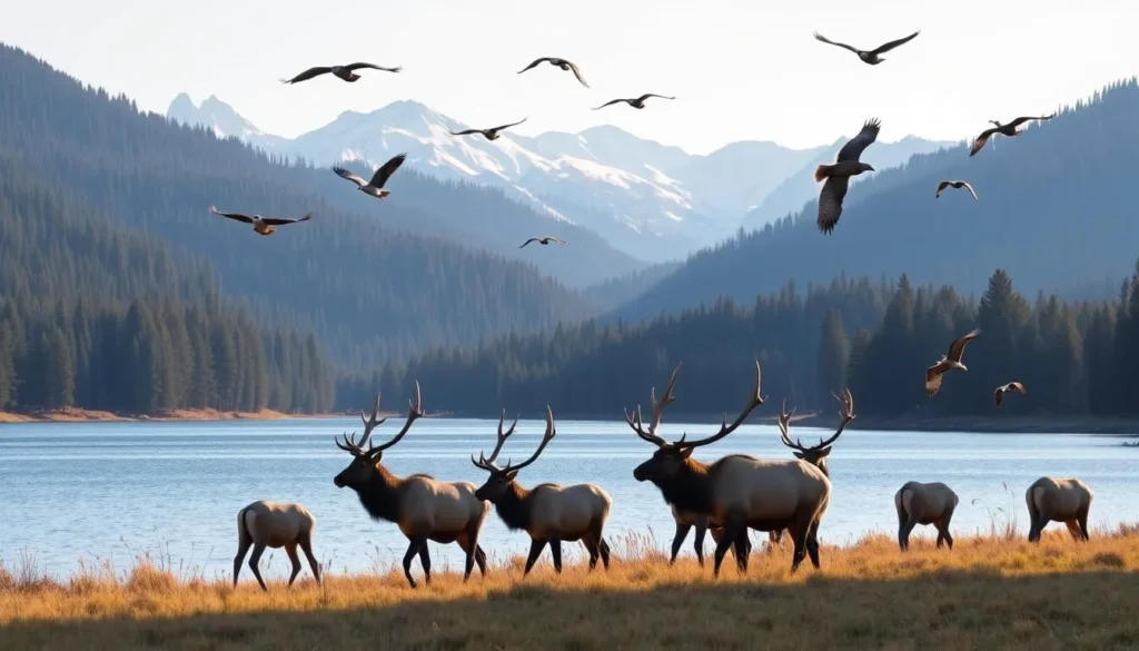 A scenic landscape with a tranquil Medicine Lake, surrounded by lush evergreen forests and majestic snow-capped mountains in the distance. In the foreground, a group of majestic elk grazes peacefully, their antlers casting long shadows as the warm afternoon sun filters through the trees. A variety of birds, including hawks and waterfowl, soar overhead, creating a serene and vibrant wildlife scene. The image is captured with a wide-angle lens, creating a sense of depth and immersion, and the lighting is soft and natural, highlighting the natural beauty of the environment. A scenic landscape with a tranquil Medicine Lake, surrounded by lush evergreen forests and majestic snow-capped mountains in the distance. In the foreground, a group of majestic elk grazes peacefully, their antlers casting long shadows as the warm afternoon sun filters through the trees. A variety of birds, including hawks and waterfowl, soar overhead, creating a serene and vibrant wildlife scene. The image is captured with a wide-angle lens, creating a sense of depth and immersion, and the lighting is soft and natural, highlighting the natural beauty of the environment.