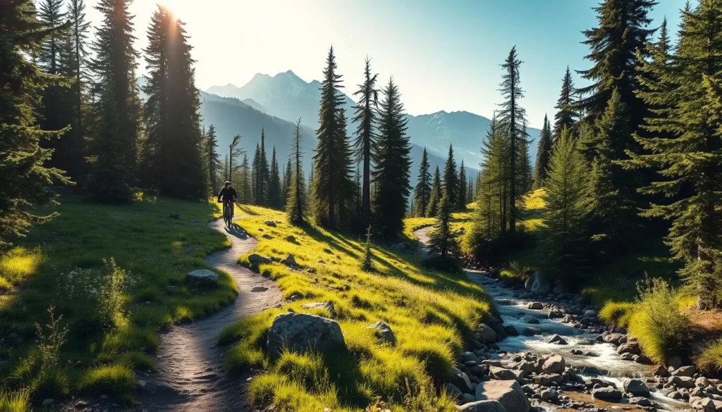 A scenic mountain biking trail winding through a lush, verdant forest. Tall, snow-capped peaks rise in the background, casting long shadows across the rugged terrain. The trail is dotted with smooth, rocky obstacles, perfect for technical riding. Dappled sunlight filters through the canopy of towering evergreens, creating a warm, inviting atmosphere. The path meanders through a picturesque meadow, with wildflowers blooming along the edges. In the distance, a crystal-clear stream bubbles over smooth stones, adding a soothing soundtrack to the adventure. The image should convey the thrill and natural beauty of mountain biking in Fernie, British Columbia.