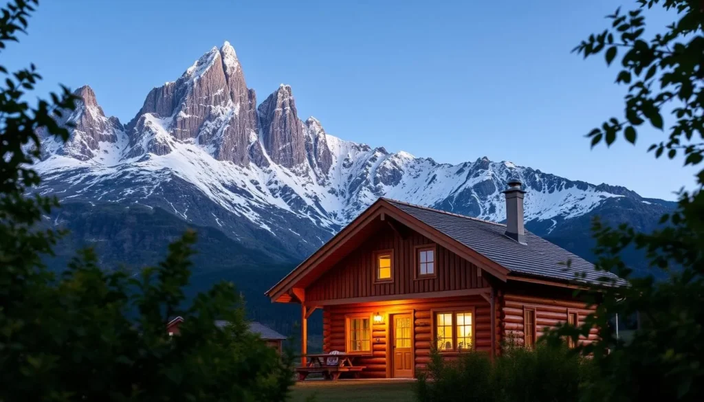 A scenic mountain cabin nestled amid the rugged landscape of Gaustatoppen, Norway. The cozy wooden structure stands in the foreground, its warm, inviting exterior bathed in soft, natural lighting. Tall, snow-capped peaks rise in the distance, creating a breathtaking backdrop. The cabin's roof is adorned with traditional Norwegian architectural details, seamlessly blending with the surrounding environment. Lush, verdant foliage frames the scene, adding a touch of tranquility. The overall atmosphere conveys a sense of peaceful solitude, inviting visitors to step inside and immerse themselves in the serene natural beauty of Gaustatoppen.
