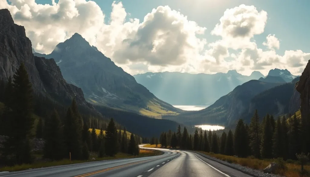 A scenic mountain drive through the majestic Sawtooth range, with jagged granite peaks towering above a winding road. Sunlight filters through fluffy white clouds, casting warm shadows across the lush alpine meadows and sparkling glacial lakes. In the foreground, a picturesque stretch of asphalt winds between fragrant pine forests, framed by rugged cliffs and distant snowcapped summits. A classic landscape shot captured with a wide-angle lens, conveying the grandeur and serenity of this iconic Idaho wilderness.
