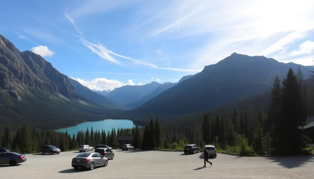 A scenic mountain landscape with the Bow Lake Parking Area in the foreground. The parking lot is nestled among towering peaks, with the iconic turquoise waters of Bow Lake visible in the distance. Sunlight filters through wispy clouds, casting a warm, natural glow over the scene. The gravel lot is dotted with parked cars, and the surrounding forest provides a lush, verdant backdrop. Hikers can be seen making their way towards the trailhead, eager to explore the breathtaking beauty of the Canadian Rockies. The overall atmosphere is one of tranquility and adventure, inviting the viewer to imagine the spectacular hike and views that await beyond the parking area.
