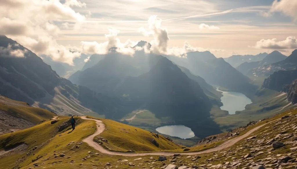 A scenic mountain trail winding through the rugged Hurrungane peaks in Norway. The path meanders past towering granite cliffs, pristine alpine lakes, and lush green meadows. Hikers traverse the trail, their figures dwarfed by the majestic surroundings. Warm, natural sunlight filters through wispy clouds, casting a gentle glow over the landscape. The atmosphere is one of serene tranquility, inviting exploration and adventure. Capture the essence of this breathtaking Norwegian landscape, showcasing the allure of the Hurrungane trails.