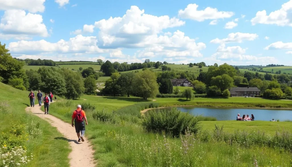 A scenic outdoor landscape showcasing the natural beauty of Hillingdon, England on a pleasant sunny day. In the foreground, a group of hikers trekking along a winding trail, enjoying the fresh air and lush greenery. In the middle ground, a family picnicking on the grass near a tranquil pond, surrounded by mature trees and blooming wildflowers. In the background, rolling hills dotted with quaint cottages and a clear blue sky with fluffy white clouds. Capture the serene atmosphere and diverse outdoor activities available in this charming borough.