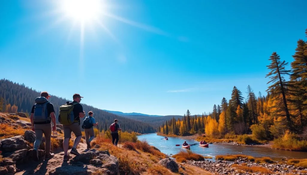 A scenic outdoor landscape with a group of friends engaged in various adventure activities. In the foreground, hikers trekking up a rugged mountain trail, their backpacks and hiking gear visible. In the middle ground, a group of kayakers navigating a serene river, paddles in hand. In the background, a sprawling forest with towering trees and a clear blue sky, bathed in warm, golden sunlight filtering through the leaves. The scene exudes a sense of camaraderie, exploration, and a connection with nature.