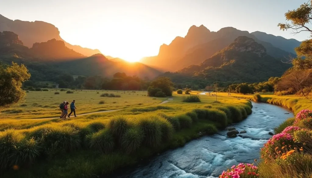 A scenic panorama of Boa Nova National Park during the ideal season. Capture the lush, verdant landscape bathed in warm, golden sunlight, with towering mountains rising in the distance. Include a gently flowing river or stream in the foreground, its crystal-clear waters reflecting the surrounding natural beauty. Depict hikers or outdoor enthusiasts exploring the well-maintained trails, immersed in the tranquil atmosphere. Emphasize the park's diverse flora and fauna, showcasing vibrant wildflowers and the occasional glimpse of local wildlife. Convey a sense of peaceful serenity and the perfect balance of adventure and relaxation that makes this the best time to visit Boa Nova National Park.