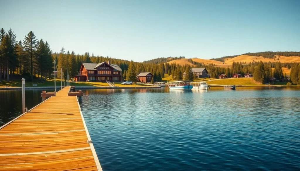 A scenic panorama of Lake Åsnen National Park's facilities on a pleasant summer day. In the foreground, a well-maintained wooden dock extends into the calm, mirror-like waters, inviting visitors to embark on tranquil boat tours. The middle ground showcases the park's modern visitor center, its architecture blending seamlessly with the surrounding pine forests. In the distance, rolling hills dotted with cabins and campsites create a serene, rustic atmosphere. Warm, natural lighting filters through the canopy, casting a golden glow over the scene. The overall mood is one of peaceful escape, highlighting the park's ideal amenities for those seeking a rejuvenating nature experience.