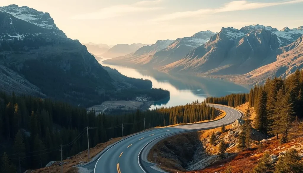 A scenic road map of the winding Lake Snasavatnet in Norway, with the majestic mountains and lush forests lining the shores. Capture the tranquil atmosphere, with the smooth road cutting through the rugged landscape, inviting viewers to explore this picturesque region. Render the scene in a realistic style, with natural lighting casting warm hues across the scene. Ensure the image conveys the serene beauty and adventurous spirit of this stunning Norwegian destination.