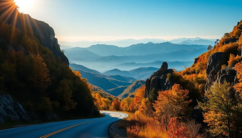 A scenic road winding through the lush, rolling Appalachian Mountains, with towering peaks capped in verdant foliage under a warm, golden sunlight. In the foreground, a well-maintained asphalt highway snakes through the landscape, flanked by ancient hardwood trees in vibrant autumn hues. In the middle ground, rugged cliffs and rocky outcroppings rise up on either side, creating a sense of grandeur and adventure. The background features a panoramic vista of distant mountain ranges, their silhouettes fading into a hazy blue horizon. The overall mood is one of tranquility and awe-inspiring natural beauty, inviting the viewer to embark on an unforgettable Appalachian road trip.