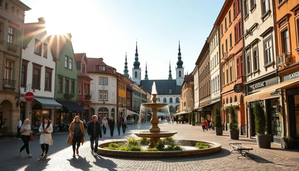 A scenic street in the historic center of Panevezys, Lithuania. The sun casts a warm glow on the charming buildings, their facades adorned with intricate architectural details. Quaint cafes and local shops line the cobblestone sidewalks, inviting passersby to explore. In the foreground, a group of locals and tourists stroll leisurely, capturing the lively atmosphere of this vibrant city. The middle ground features a picturesque fountain, surrounded by lush greenery and benches where visitors can rest and soak in the ambiance. In the background, the spires of historic churches and the silhouettes of apartment buildings create a harmonious skyline, setting the scene for an authentic Lithuanian travel experience.
