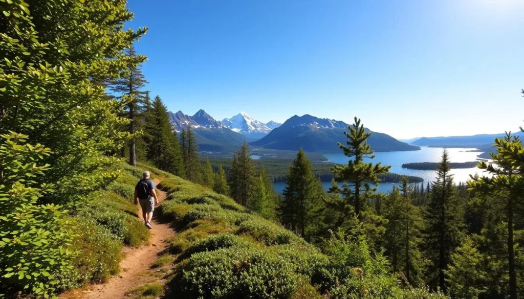 A scenic summer hike in the Stora Sjöfallet Mountains, Sweden. The foreground shows a well-maintained trail winding through lush, verdant foliage. Sunlight filters through the canopy, casting a warm, golden glow on the hikers. In the middle ground, towering peaks with snow-capped summits rise majestically, framed by a clear, azure sky. The background features a tranquil, glistening lake reflecting the surrounding landscape. The overall atmosphere evokes a sense of adventure, serenity, and the beauty of the great outdoors.