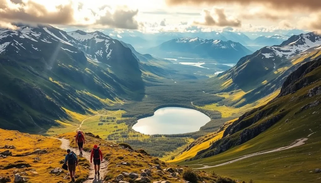 A scenic summer hike in the breathtaking landscapes of Troms og Finnmark County, Norway. A rugged mountain trail winds through lush green valleys, flanked by towering peaks capped with glistening snow. Rays of warm sunshine filter through wispy clouds, casting a golden glow over the scene. In the foreground, a group of hikers traverse the path, their backpacks and hiking gear suggesting an adventurous journey. The middle ground showcases a pristine lake, its calm waters reflecting the surrounding peaks and forests. In the distance, a panoramic vista of the vast, untamed wilderness of Troms og Finnmark, a true summertime paradise for outdoor enthusiasts.