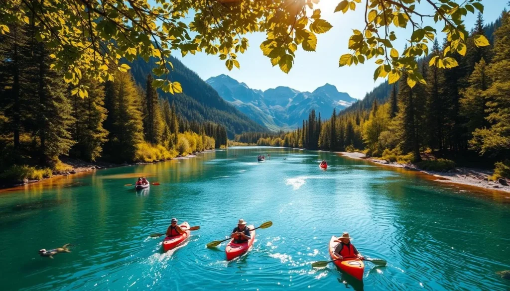 A scenic, sun-dappled vista of the Crowsnest River flowing gently through a lush, forested valley. The crystal-clear water reflects the surrounding mountains and trees, creating a serene and tranquil atmosphere. In the foreground, people are enjoying various water activities such as kayaking, canoeing, and fishing, while in the background, the rugged peaks of the Canadian Rockies rise majestically. The warm, golden light filters through the leaves, casting a warm and inviting glow over the entire scene. Capture the essence of the beautiful outdoors and the array of water-based recreation available in this picturesque natural setting near Bellevue, Alberta.