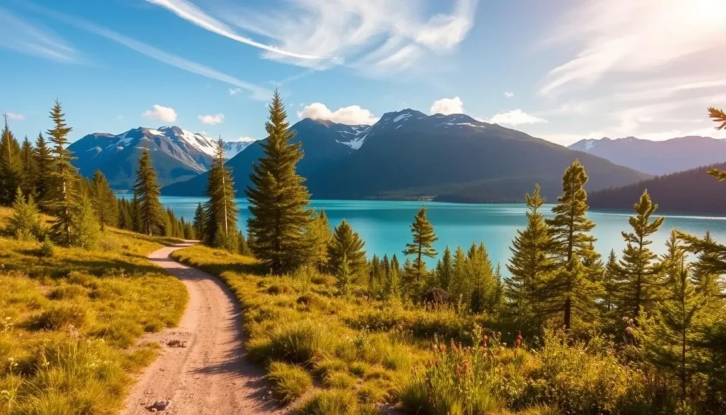 A scenic trail winding alongside the serene turquoise waters of Lake Bygdin, Norway. In the foreground, a well-maintained dirt path leads hikers through a lush, verdant forest. Towering mountains rise in the distance, their snow-capped peaks glittering under the warm, golden sunlight. Wispy clouds dot the clear blue sky, casting soft shadows across the tranquil lake surface. Tall pine trees line the trail, their branches swaying gently in the cool breeze. Wildflowers dot the landscape, adding pops of vibrant color to the peaceful scene. The atmosphere is one of serenity and natural beauty, inviting visitors to immerse themselves in the serene wonder of this stunning Norwegian landscape.