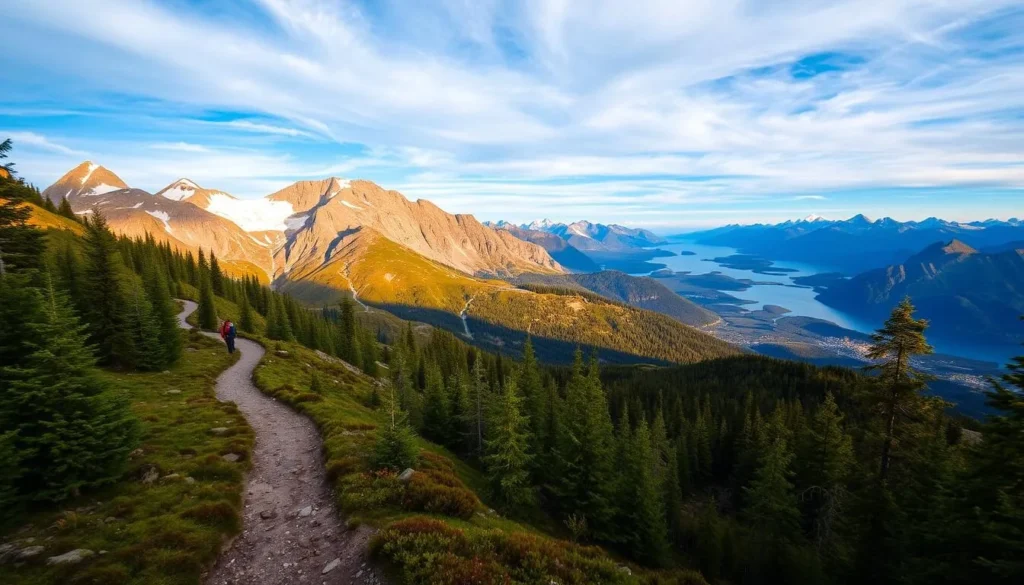 A scenic trail winding through the majestic Trollheimen mountain range, Norway. The foreground features a well-marked path leading hikers through a lush, verdant forest. In the middle ground, rugged peaks and ridges rise up, their snow-capped summits glimmering under the warm, golden sunlight. The background showcases the expansive, dramatic landscape of Trollheimen, with distant mountains, pristine lakes, and a deep blue sky dotted with wispy clouds. The overall atmosphere evokes a sense of adventure, tranquility, and the grandeur of the Norwegian wilderness. Captured with a wide-angle lens to provide a sweeping, panoramic view.