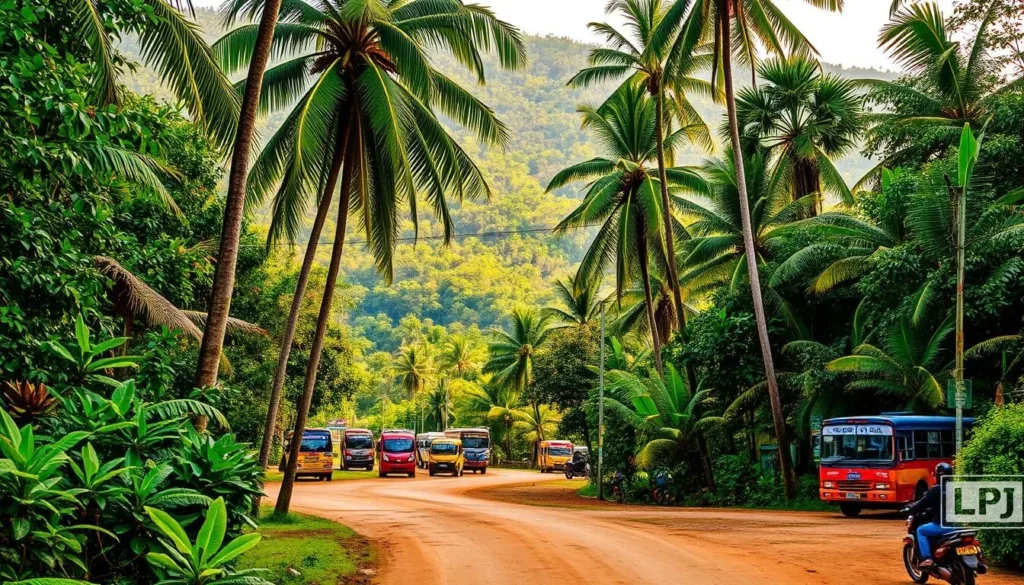 A scenic tropical landscape with a bustling transportation hub in Montsinery Tonnegrande, French Guiana. In the foreground, a well-maintained dirt road winds through lush, verdant foliage. Towering palm trees sway gently in the warm breeze. In the middle ground, a mix of colorful local buses, taxis, and motorbikes transport passengers to and fro. In the background, the majestic Amazon rainforest provides a verdant, natural backdrop. Warm, golden sunlight filters through the canopy, creating a pleasant, inviting atmosphere. The scene conveys the vibrant energy and accessibility of getting around this unique, off-the-beaten-path destination.