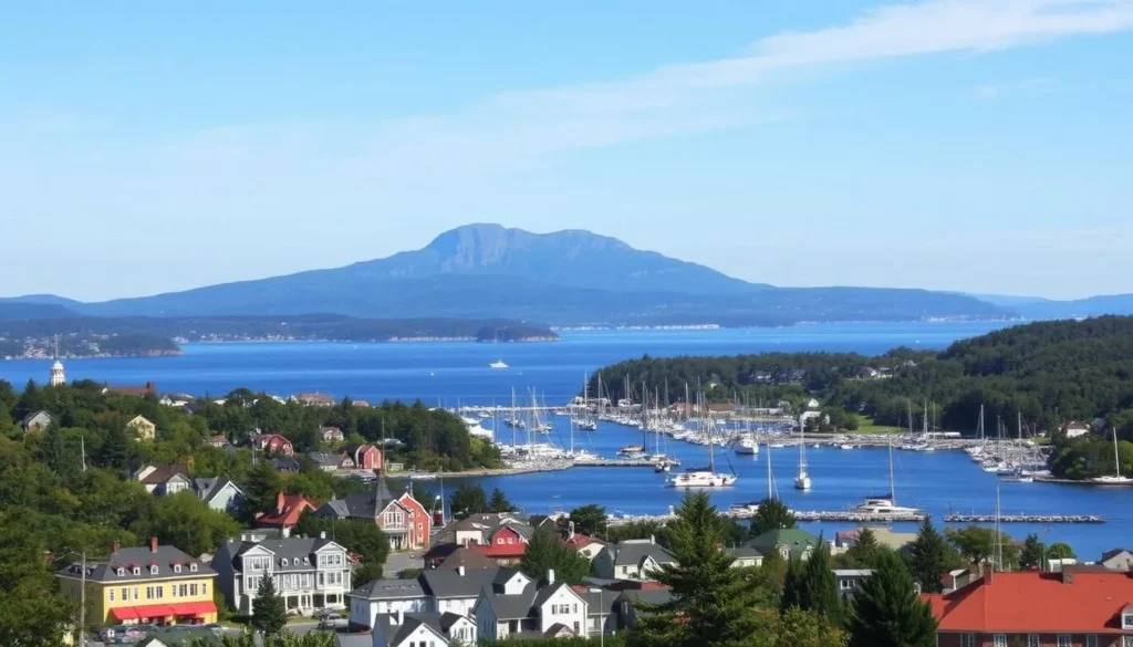 A scenic view of Bar Harbor, Maine on a bright, sunny day. In the foreground, a quaint seaside town with colorful buildings and bustling streets, surrounded by a lush, verdant landscape. In the middle ground, a picturesque harbor filled with sailboats and yachts gently bobbing on the calm, azure waters. In the background, the majestic Cadillac Mountain rises, its rugged peaks bathed in a warm, golden glow from the afternoon sun. The overall atmosphere is one of tranquility and natural beauty, capturing the essence of the best time to visit this stunning coastal destination.