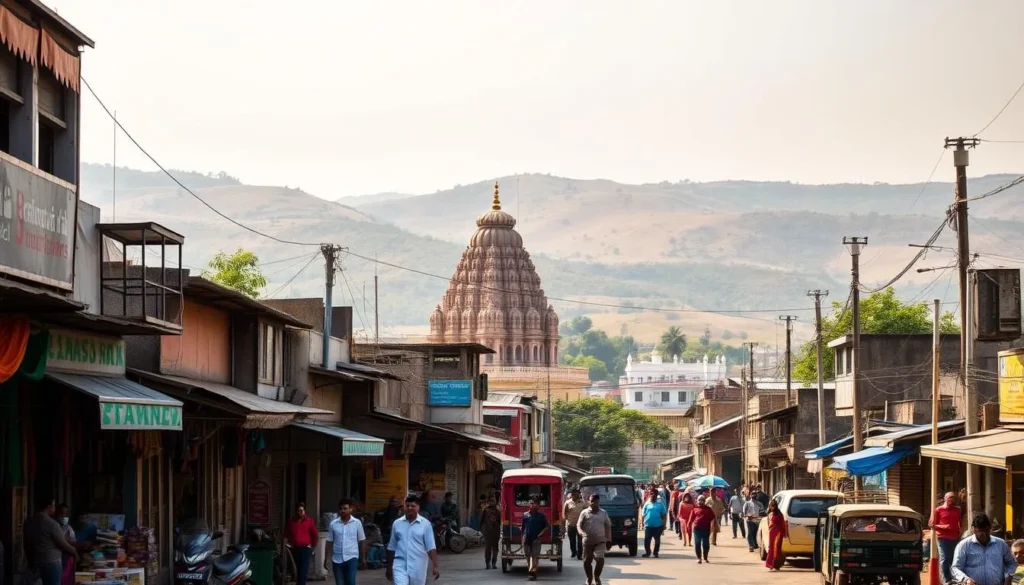 A scenic view of Kurnool, a historic city in Andhra Pradesh, India. The foreground features a bustling street with colorful shops, local vendors, and pedestrians going about their daily lives. In the middle ground, a grand temple with intricate architecture stands majestically, reflecting the city's rich cultural heritage. The background showcases the rolling hills and lush greenery that surround the city, creating a picturesque landscape. The lighting is warm and natural, casting a gentle glow over the scene. The composition captures the essence of Kurnool as a vibrant, charming destination for travelers to explore.