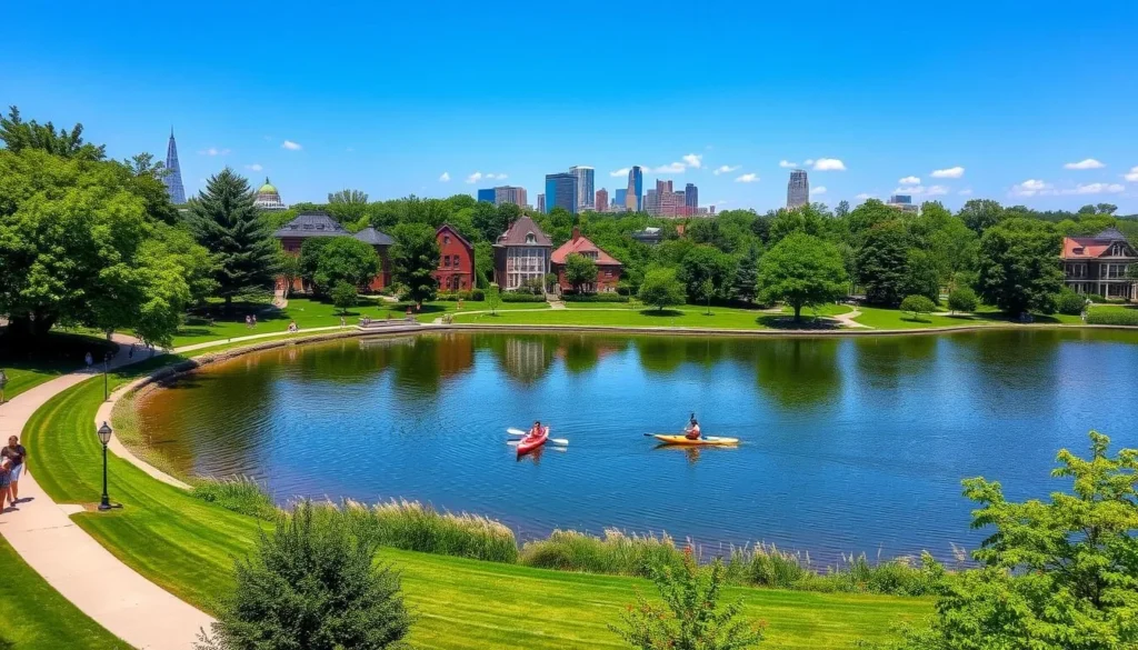 A scenic view of Lake Nokomis, a tranquil gem nestled in the heart of Minneapolis, Minnesota. The lake's crystal-clear waters reflect the surrounding lush greenery and the cloudless azure sky above. In the foreground, people stroll along the well-maintained walking paths, enjoying the warm summer day. Kayakers and paddleboarders glide across the surface, while families picnic on the grassy shores. In the middle ground, historic buildings and trees line the banks, adding to the charming, urban-oasis atmosphere. In the distance, the Minneapolis skyline rises, providing a stunning backdrop to this peaceful urban oasis.