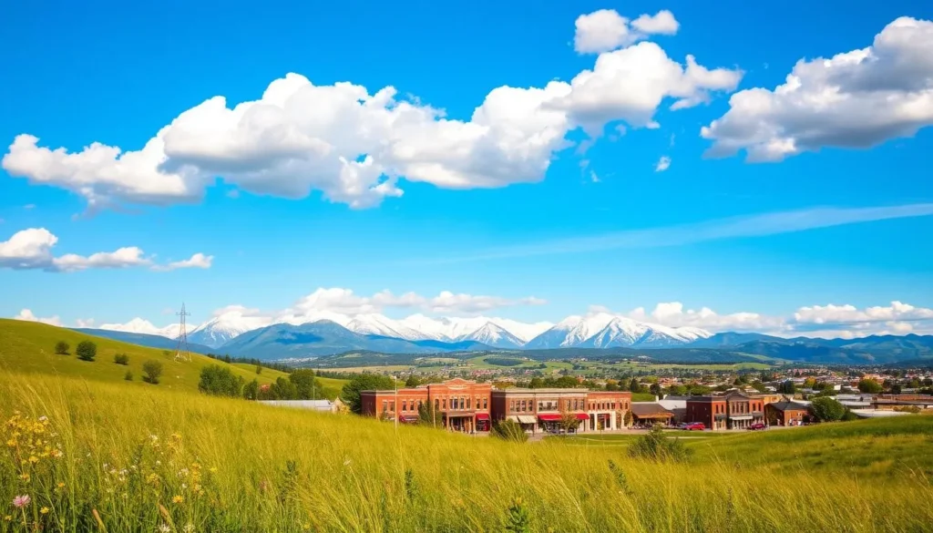 A scenic view of Longmont, Colorado's rolling hills and majestic mountains. In the foreground, a lush green meadow dotted with wildflowers sways gently in the breeze. The middle ground features a charming downtown with historic brick buildings and quaint shops, bathed in warm, golden light. In the background, the imposing Rockies rise majestically, their snow-capped peaks cutting a dramatic silhouette against a vibrant azure sky. Fluffy white clouds drift lazily overhead, creating a serene and peaceful atmosphere. Capture the essence of Longmont's natural beauty and small-town charm in this picturesque landscape.
