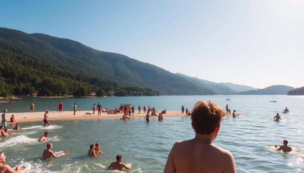A scenic view of Orlik Reservoir on a sunny summer day. In the foreground, people enjoying various water sports such as wakeboarding, water skiing, and paddleboarding. The middle ground features a group of swimmers and sunbathers on a sandy beach. In the background, rolling hills and lush forests surround the serene lake, with a few sailboats dotting the calm waters. The lighting is natural and warm, creating a vibrant and inviting atmosphere. Capture this idyllic scene with a wide-angle lens to showcase the picturesque landscape and the array of outdoor activities at Orlik Reservoir.