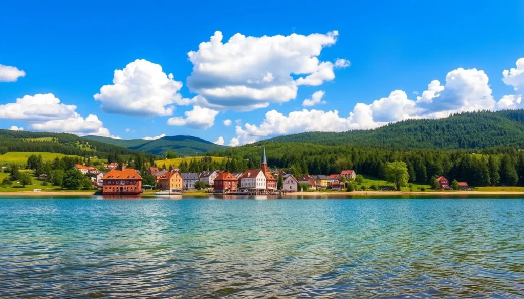A scenic view of Zarasai, Lithuania on a sunny day. In the foreground, a peaceful lake with crystal-clear waters reflecting the surrounding landscape. In the middle ground, quaint buildings and houses dot the shoreline, their colorful facades and traditional architecture creating a charming atmosphere. In the background, rolling hills and lush forests frame the scene, their verdant hues contrasted by a brilliant blue sky dotted with fluffy white clouds. The lighting is soft and natural, casting warm tones across the entire landscape. Capture this picturesque setting with a wide-angle lens to showcase the tranquil beauty of this Lithuanian town.