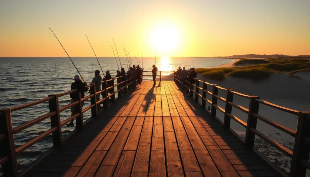A scenic view of a fishing pier at Cape Henlopen State Park, Delaware. The sun casts a warm glow over the calm waters of the Delaware Bay, as anglers cast their lines into the shimmering waves. In the foreground, a group of fishermen patiently await their catches, their silhouettes framed against the vibrant horizon. The middle ground features the weathered wooden planks of the pier, leading the eye towards the distant shore. In the background, rolling dunes and lush greenery create a picturesque backdrop, evoking a serene and tranquil atmosphere. The image is captured with a wide-angle lens, emphasizing the expansive, cinematic feel of the scene.