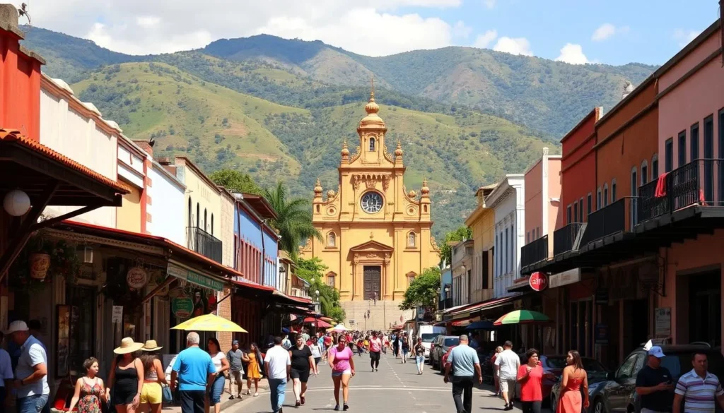 A scenic view of downtown San Cristobal, Venezuela, on a sunny day. In the foreground, a bustling street scene with locals and tourists exploring lively cafes, colorful shops, and historic buildings. In the middle ground, the iconic Basilica of San Cristobal stands tall, its intricately carved facade bathed in warm, golden light. In the background, the lush, rolling hills of the Andes Mountains create a stunning natural backdrop, hinting at the region's outdoor adventures and breathtaking landscapes. The overall atmosphere is vibrant, welcoming, and captures the essence of this vibrant Venezuelan city.
