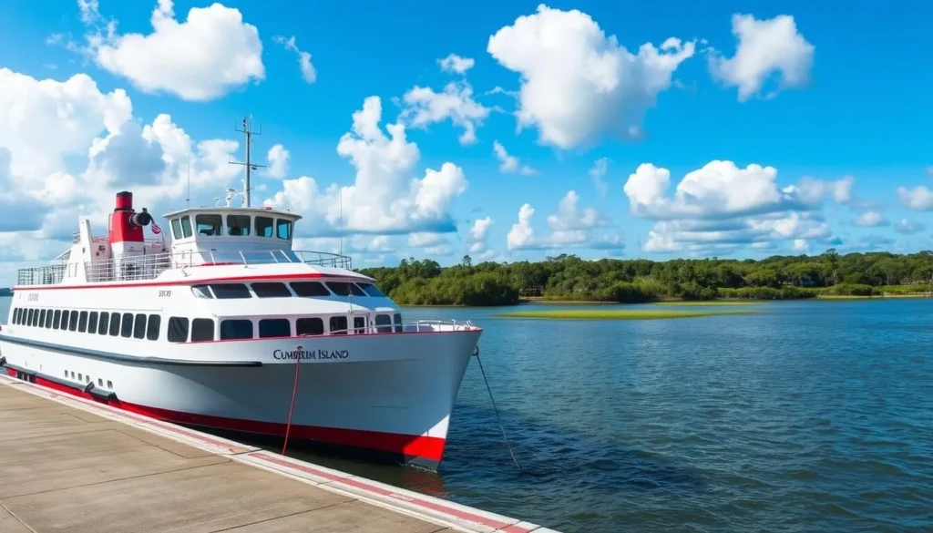 A scenic view of the Cumberland Island Ferry docked at the pier, its sleek white hull and bright red trim gleaming in the sunlight. The ferry's lines are crisp and clean, with the island's lush, verdant landscape visible in the background. The sky is a vibrant blue, with fluffy white clouds drifting overhead, casting gentle shadows on the calm waters of the inlet. The scene exudes a peaceful, relaxing atmosphere, inviting travelers to embark on their journey to the island's natural wonders. Capture the ferry's graceful design and the tranquil setting, creating an inviting image that captures the essence of arriving at Cumberland Island.