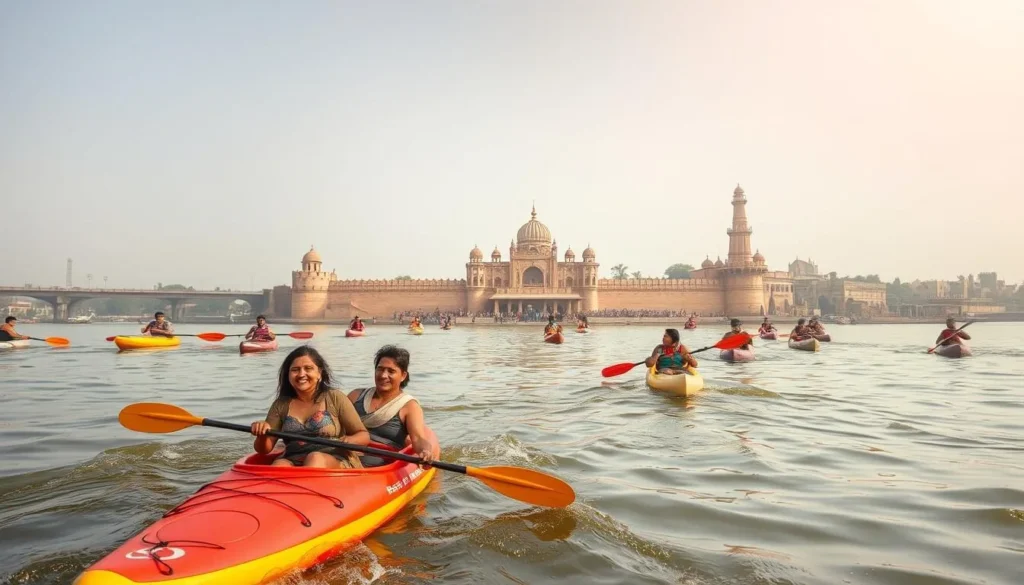 A scenic view of the Ganges River flowing through the vibrant city of Prayagraj, with people engaged in various water-based activities. In the foreground, a group of adventurous individuals kayaking and paddleboarding, their laughter and splashes creating a lively atmosphere. The middle ground showcases the iconic Sangam, the confluence of the Ganges, Yamuna, and Saraswati rivers, with pilgrims performing religious rituals along the banks. In the background, the majestic Allahabad Fort stands tall, its ancient walls and towers reflecting in the calm waters. Warm, golden sunlight filters through the sky, casting a serene and inviting glow over the entire scene, highlighting the natural beauty and cultural significance of this water-centric destination.